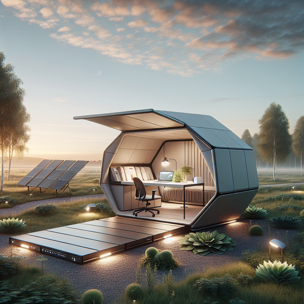 Hyperrealistic collapsible nomadic office pod in nature, showcasing sustainable modular design, solar panels, and ergonomic workspace.