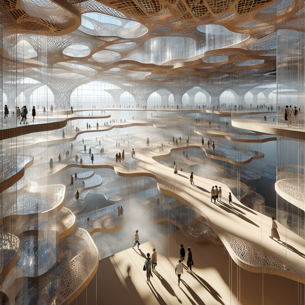 Hyperrealistic futuristic pavilion interior with glass floors, suspended walkways, wooden exoskeleton, biophilic design, and luminous mist.