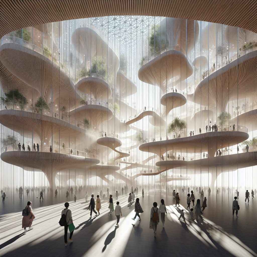 Hyperrealistic futuristic pavilion interior with glass floors, suspended walkways, wooden exoskeleton, biophilic design, and luminous mist.