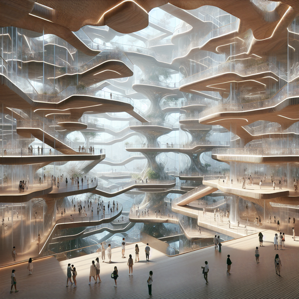 Hyperrealistic futuristic pavilion interior with glass floors, suspended walkways, wooden exoskeleton, biophilic design, and luminous mist.