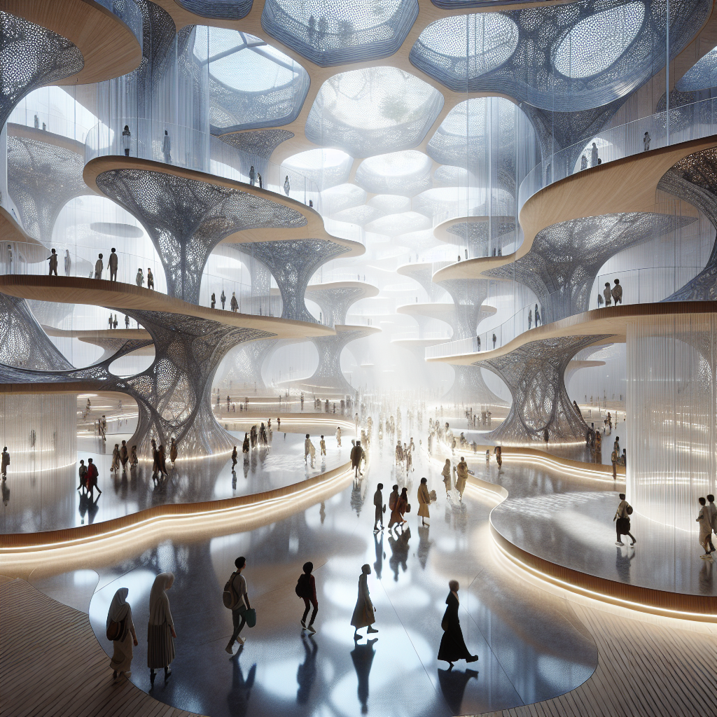 Hyperrealistic futuristic pavilion interior with glass floors, suspended walkways, wooden exoskeleton, biophilic design, and luminous mist.