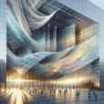 Hyperrealistic futuristic building façade made of shimmering photovoltaic textile threads with glowing solar fibers and people interacting.