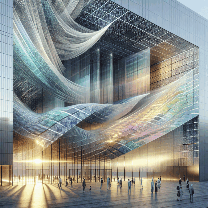 Hyperrealistic futuristic building façade made of shimmering photovoltaic textile threads with glowing solar fibers and people interacting.