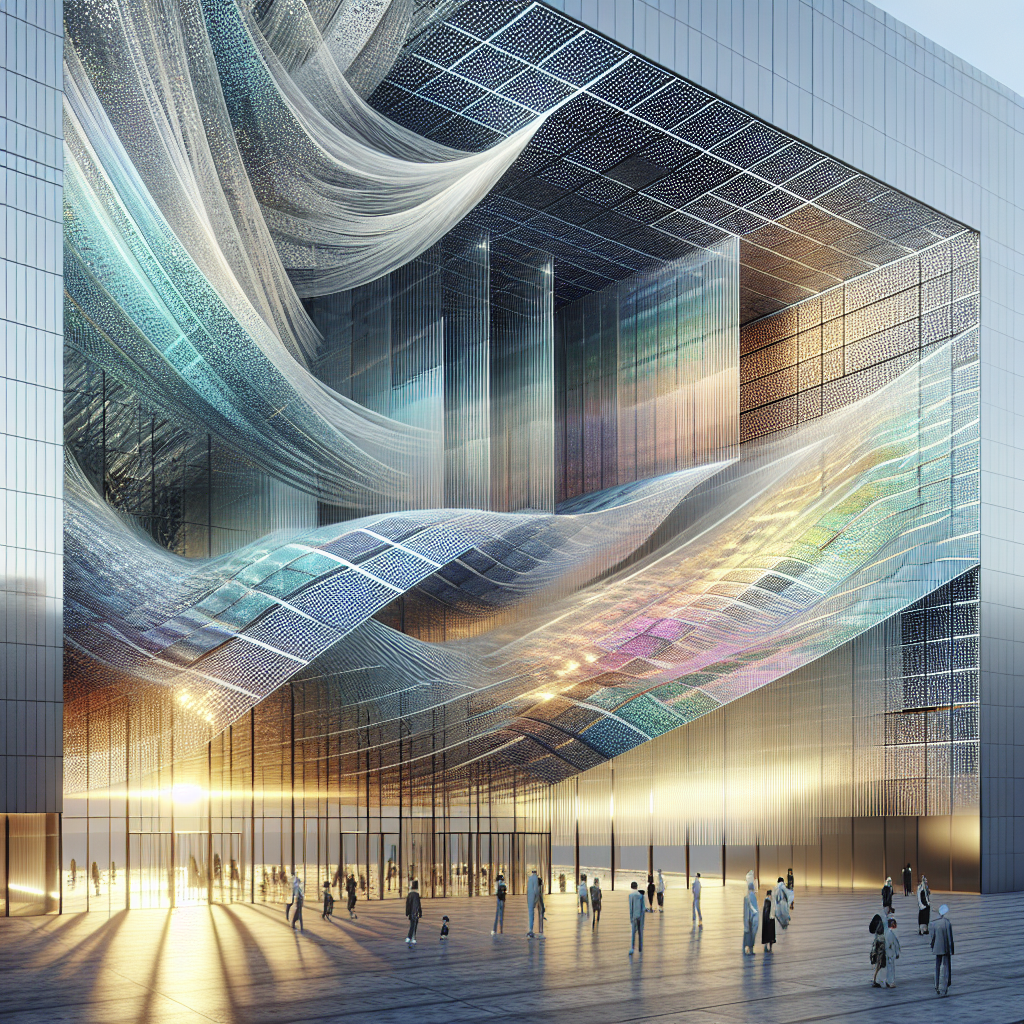 Hyperrealistic futuristic building façade made of shimmering photovoltaic textile threads with glowing solar fibers and people interacting.