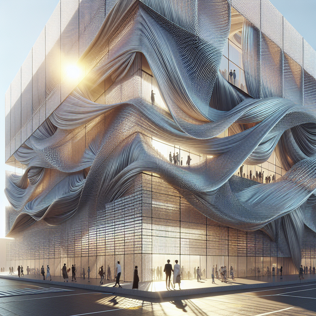 Hyperrealistic futuristic building façade made of shimmering photovoltaic textile threads with glowing solar fibers and people interacting.