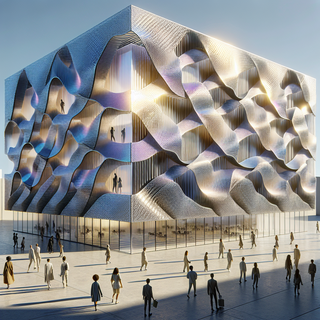 Hyperrealistic futuristic building façade made of shimmering photovoltaic textile threads with glowing solar fibers and people interacting.