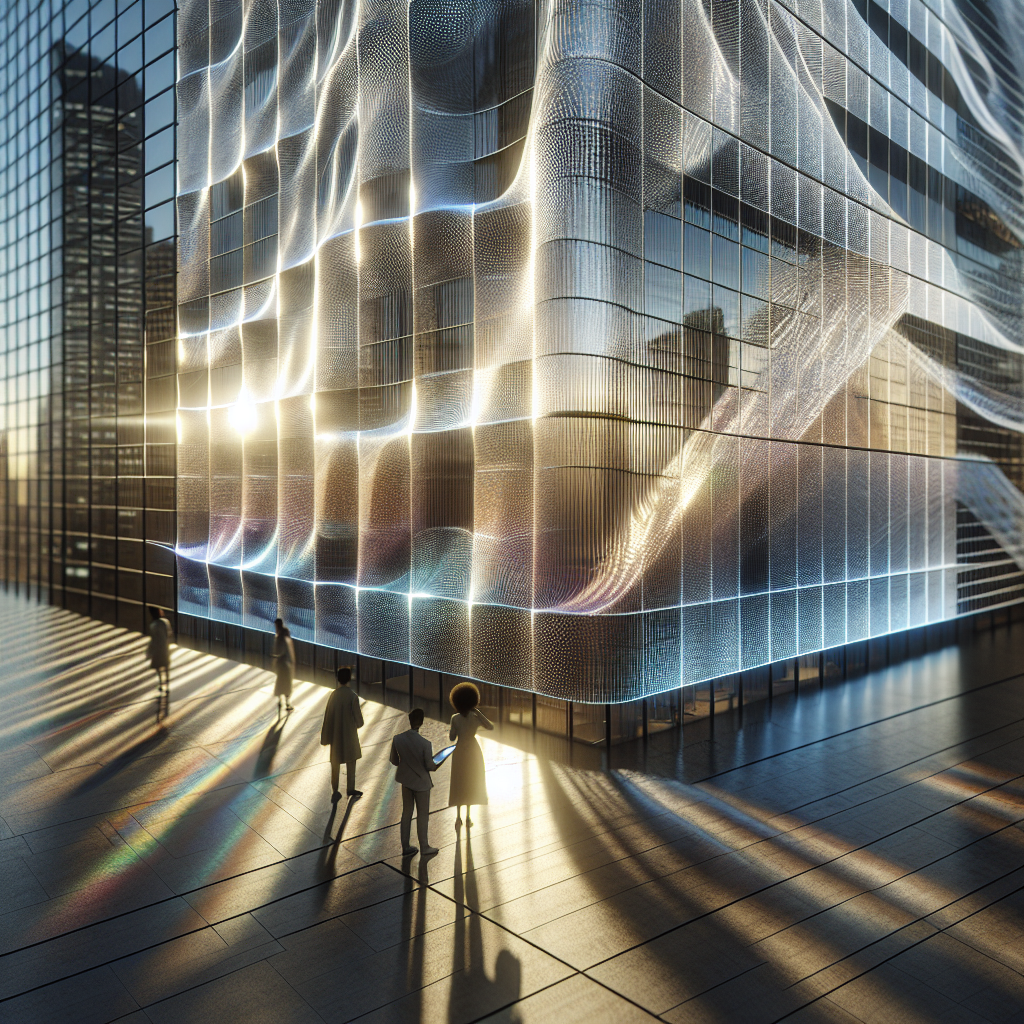 Hyperrealistic futuristic building façade made of shimmering photovoltaic textile threads with glowing solar fibers and people interacting.