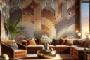 Hyperrealistic modern living room with 1970s-inspired trompe-l’œil wallpaper, geometric patterns, retro furniture, and warm ambient lighting.