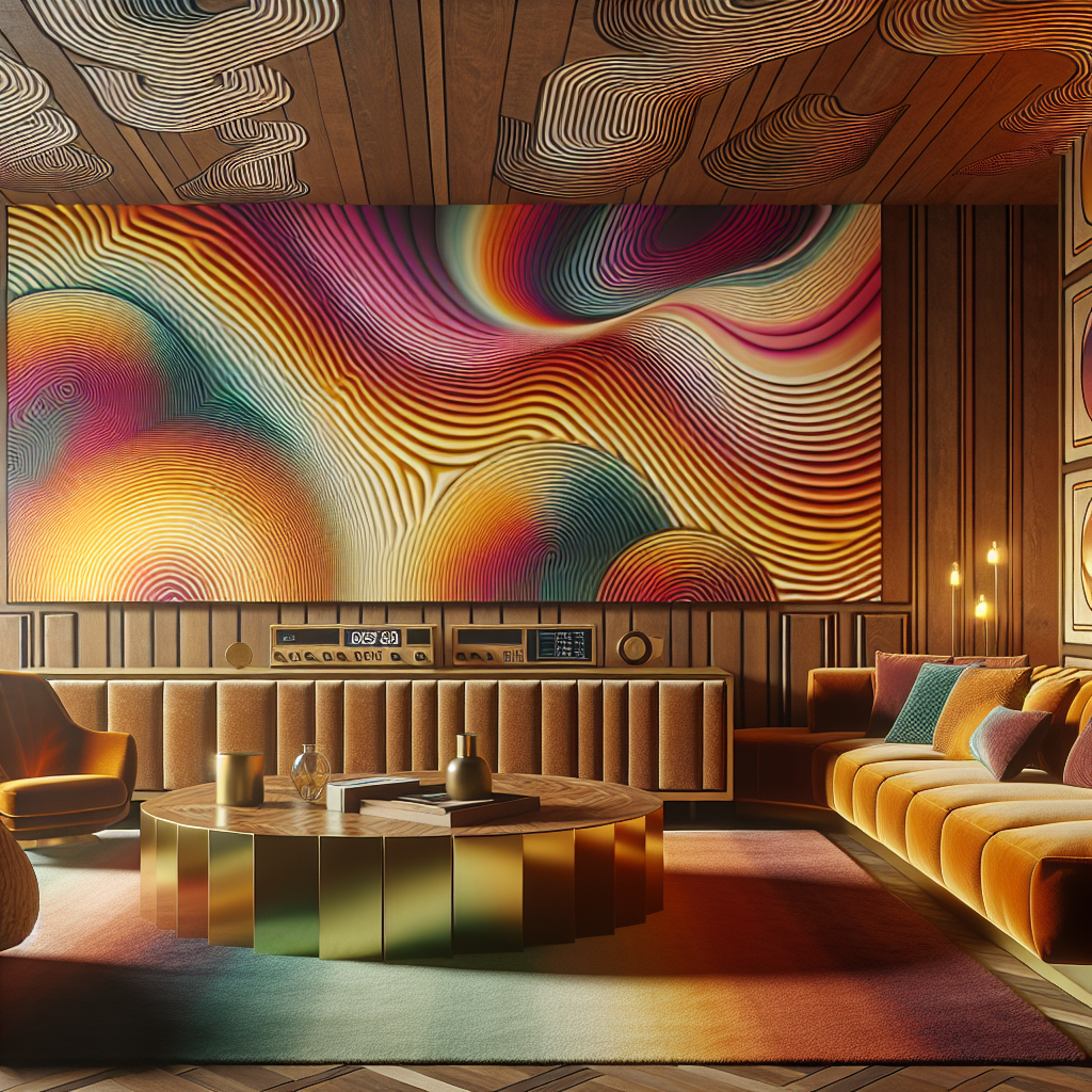 Hyperrealistic modern living room with 1970s-inspired trompe-l’œil wallpaper, geometric patterns, retro furniture, and warm ambient lighting.