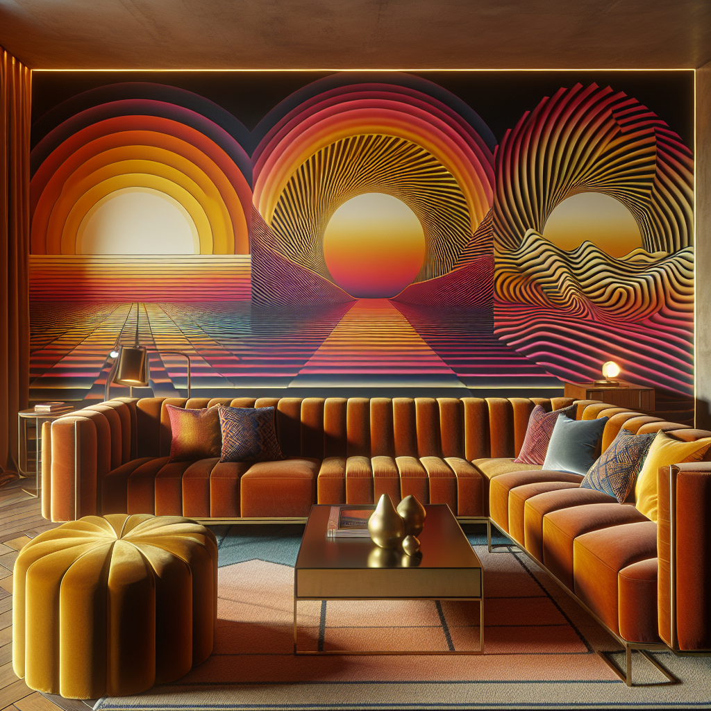 Hyperrealistic modern living room with 1970s-inspired trompe-l’œil wallpaper, geometric patterns, retro furniture, and warm ambient lighting.