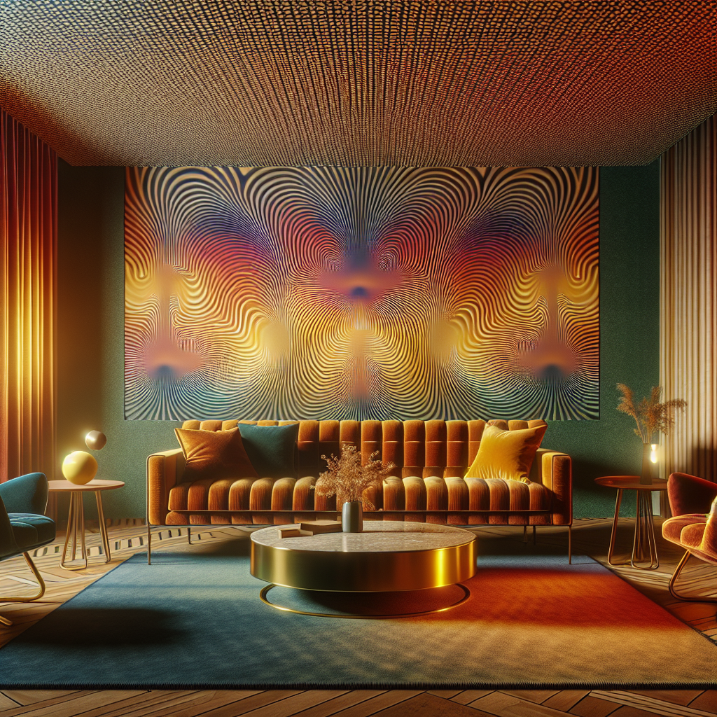 Hyperrealistic modern living room with 1970s-inspired trompe-l’œil wallpaper, geometric patterns, retro furniture, and warm ambient lighting.