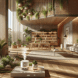 Hyperrealistic modern biophilic home interior with natural light, lush plants, wooden textures, and smart scent diffusers for wellness living.