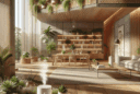Hyperrealistic modern biophilic home interior with natural light, lush plants, wooden textures, and smart scent diffusers for wellness living.