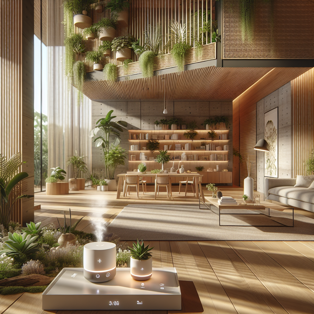 Hyperrealistic modern biophilic home interior with natural light, lush plants, wooden textures, and smart scent diffusers for wellness living.