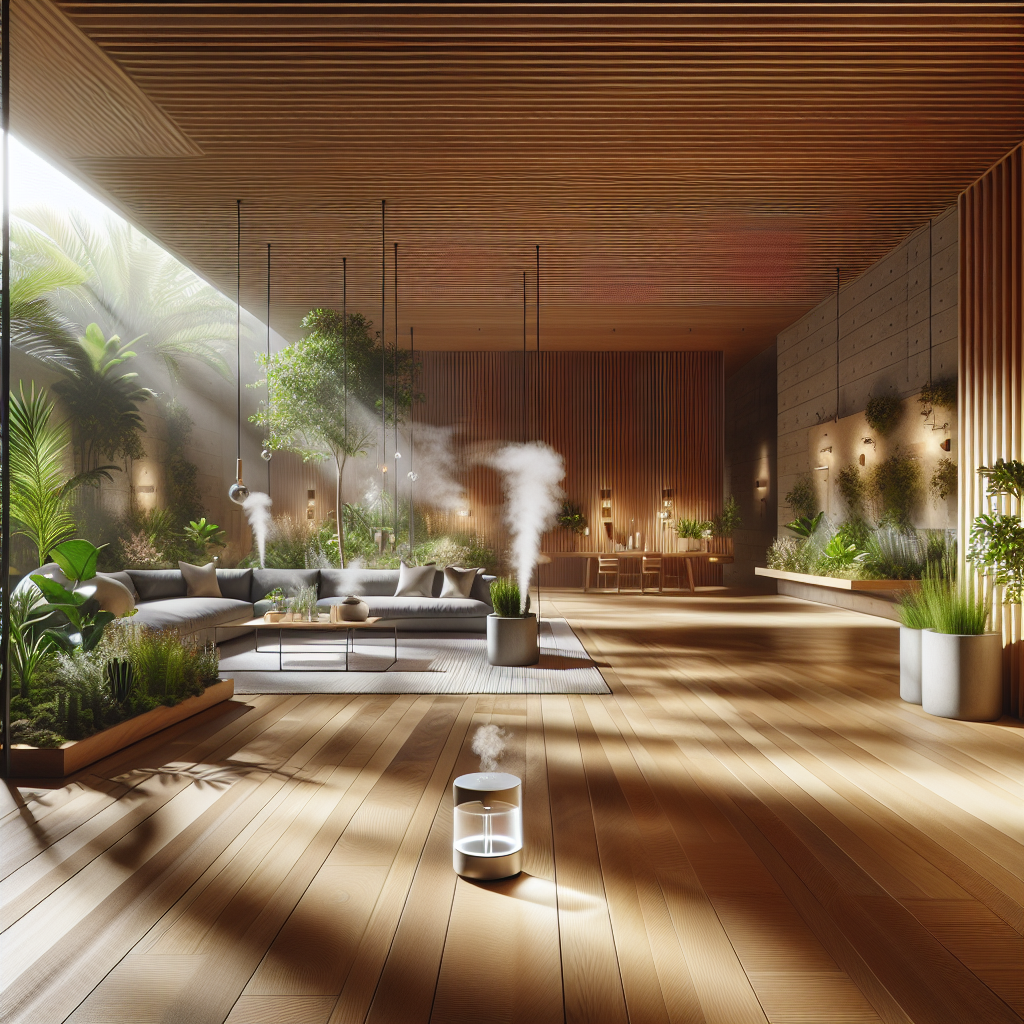 Hyperrealistic modern biophilic home interior with natural light, lush plants, wooden textures, and smart scent diffusers for wellness living.