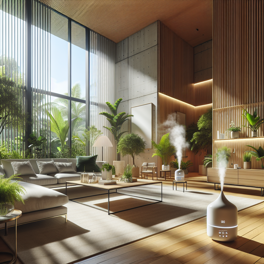 Hyperrealistic modern biophilic home interior with natural light, lush plants, wooden textures, and smart scent diffusers for wellness living.