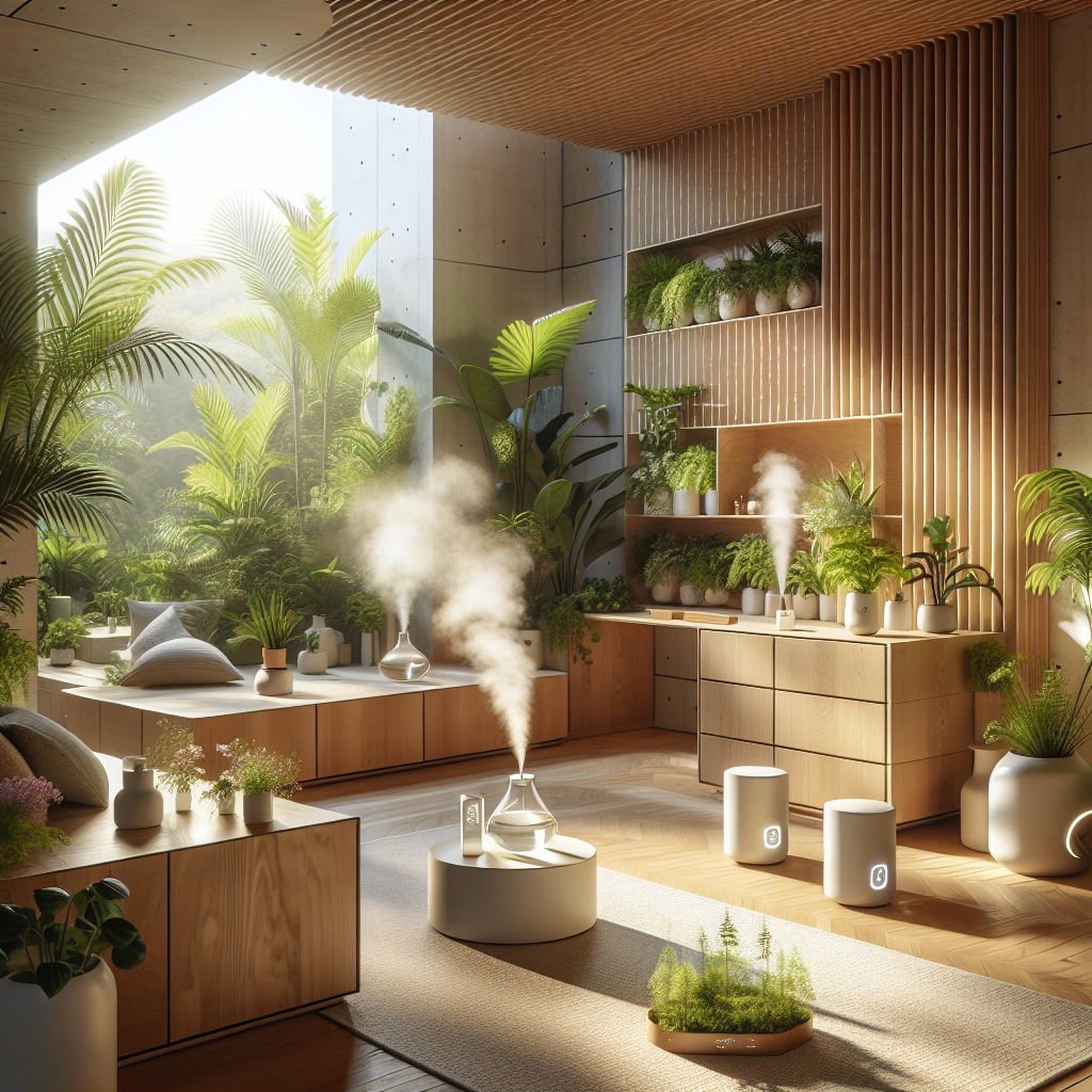 Hyperrealistic modern biophilic home interior with natural light, lush plants, wooden textures, and smart scent diffusers for wellness living.