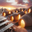 Hyperrealistic futuristic eco-village of silicone-laced earth huts with robotic 3D printing, solar panels, and sustainable architecture.