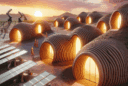 Hyperrealistic futuristic eco-village of silicone-laced earth huts with robotic 3D printing, solar panels, and sustainable architecture.