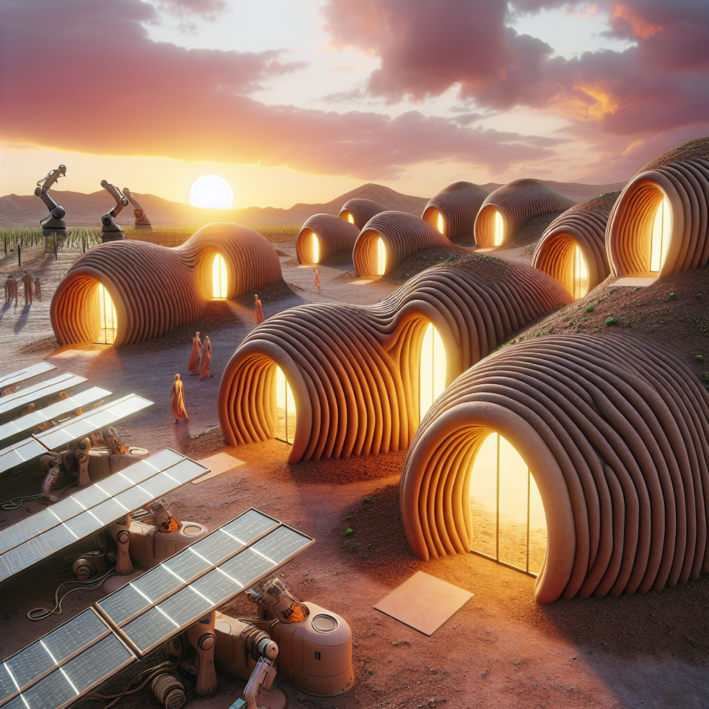 Hyperrealistic futuristic eco-village of silicone-laced earth huts with robotic 3D printing, solar panels, and sustainable architecture.