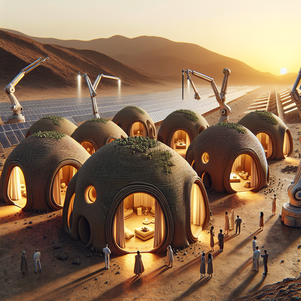 Hyperrealistic futuristic eco-village of silicone-laced earth huts with robotic 3D printing, solar panels, and sustainable architecture.