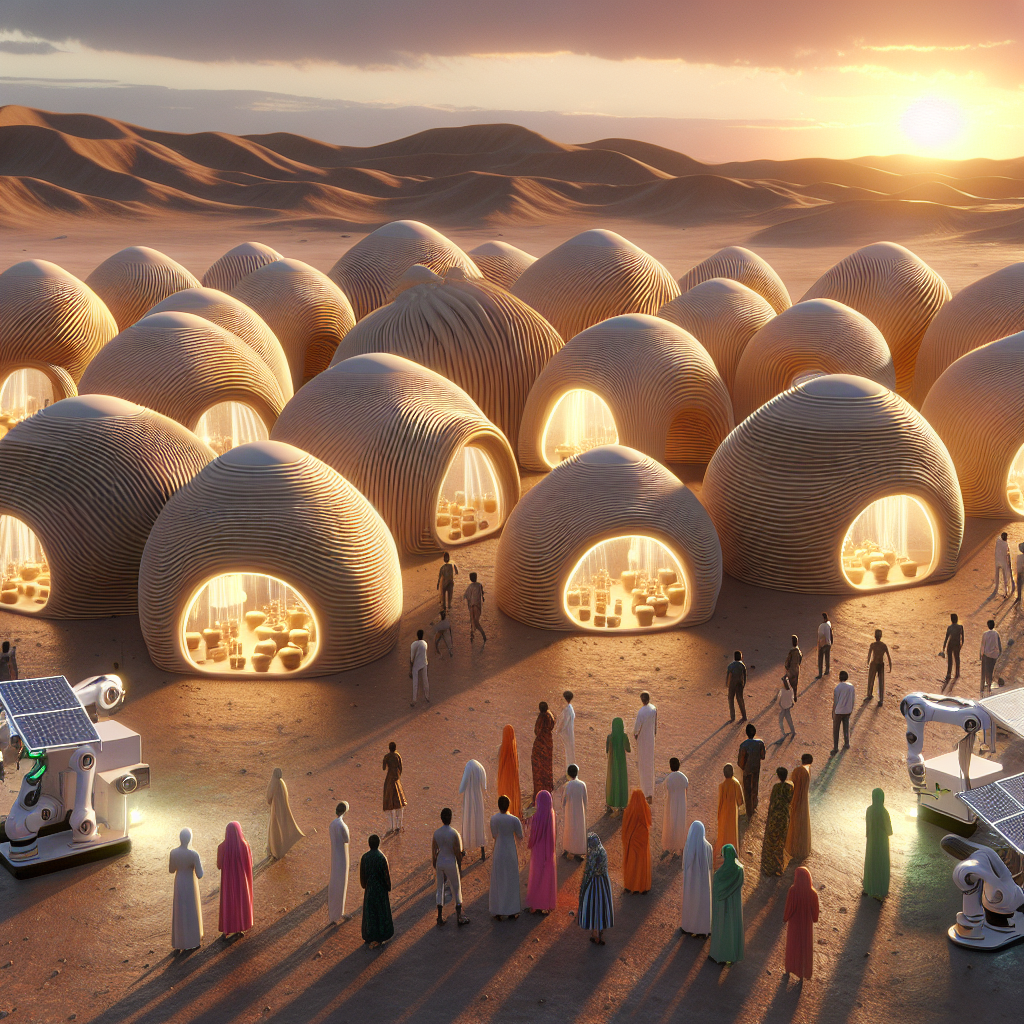Hyperrealistic futuristic eco-village of silicone-laced earth huts with robotic 3D printing, solar panels, and sustainable architecture.