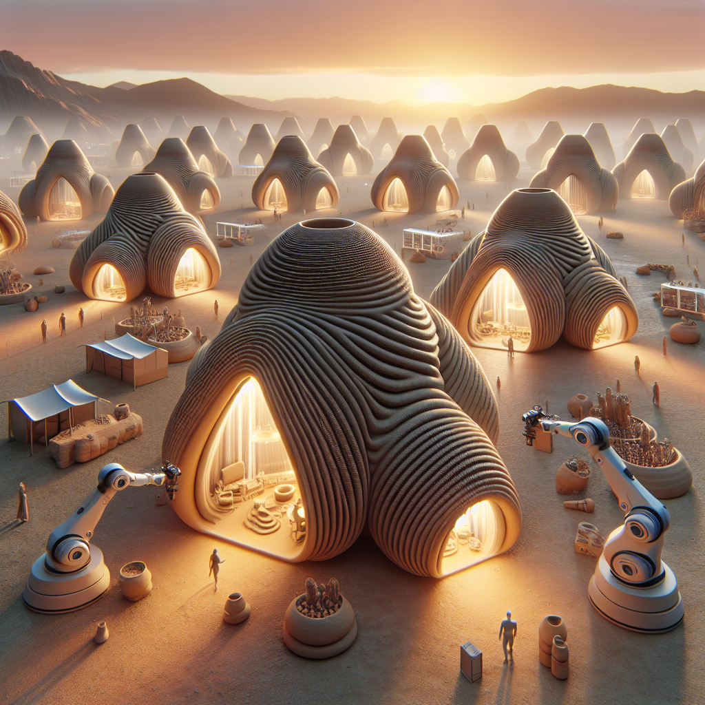 Hyperrealistic futuristic eco-village of silicone-laced earth huts with robotic 3D printing, solar panels, and sustainable architecture.