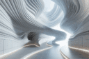 Hyperrealistic futuristic corridor interior with organic curves, soft LED lighting, and minimalist parametric architectural design.
