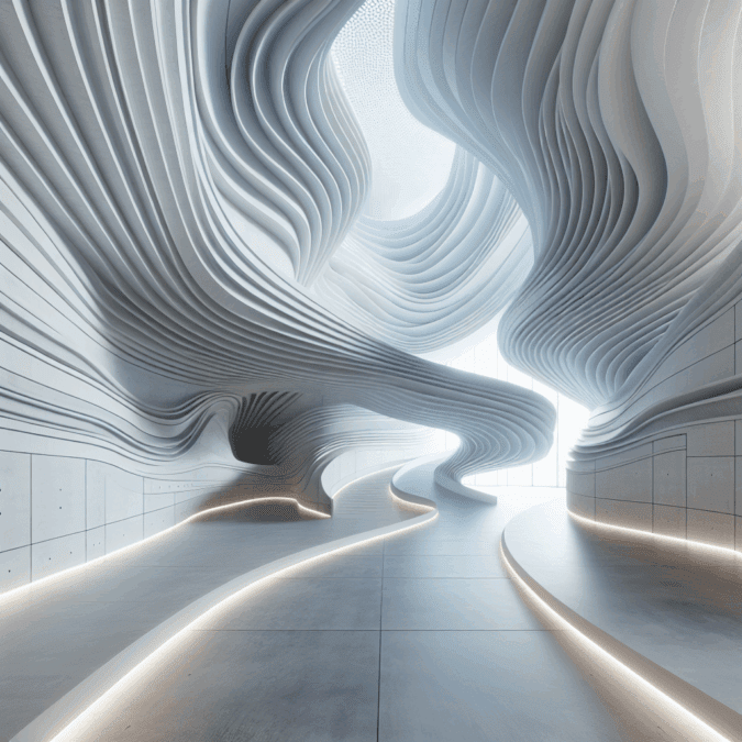 Hyperrealistic futuristic corridor interior with organic curves, soft LED lighting, and minimalist parametric architectural design.