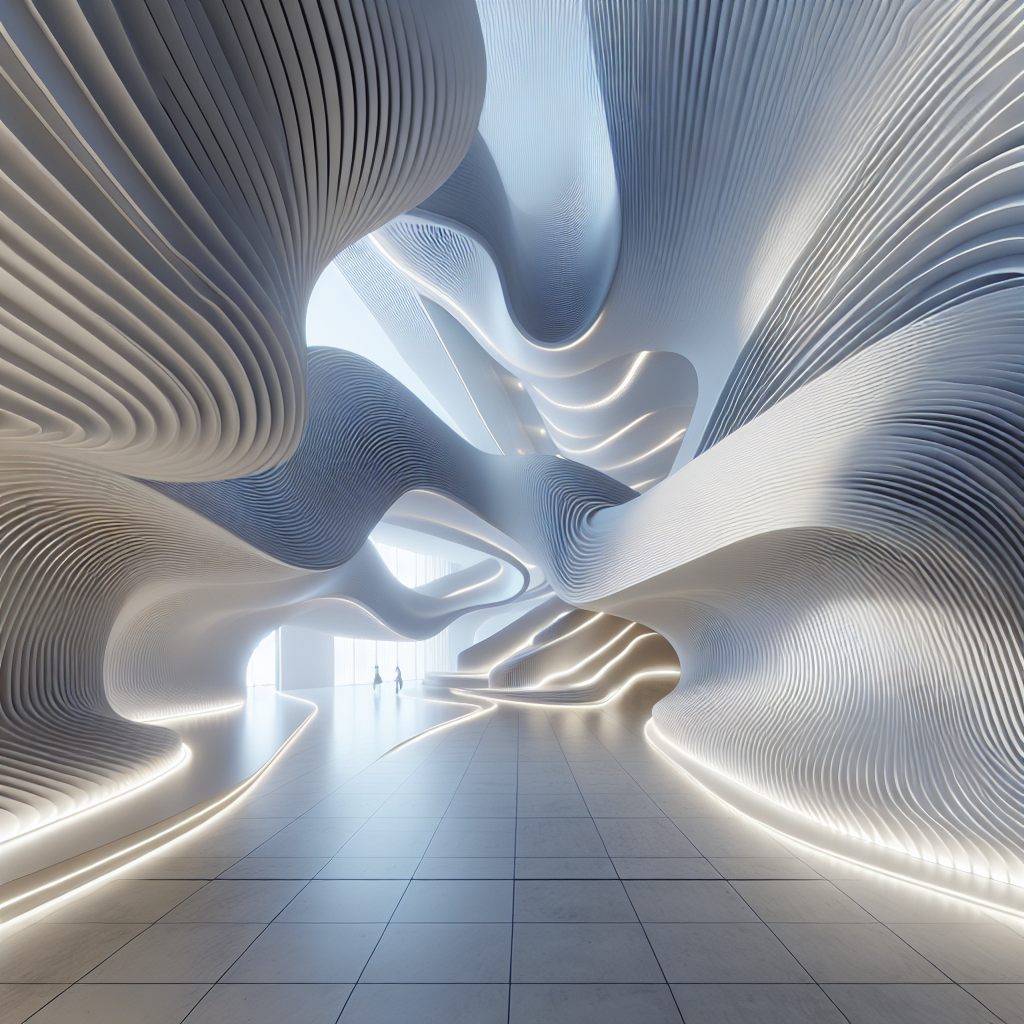 Hyperrealistic futuristic corridor interior with organic curves, soft LED lighting, and minimalist parametric architectural design.