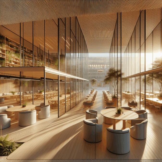 Hyperrealistic contemporary co‑working interior with modular bamboo furniture, pivoting glass partitions, greenery, and biophilic design.