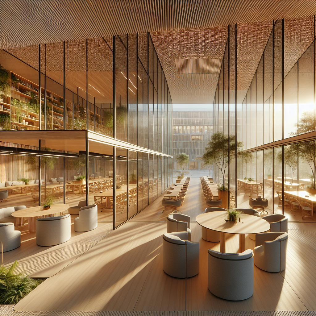 Hyperrealistic contemporary co‑working interior with modular bamboo furniture, pivoting glass partitions, greenery, and biophilic design.