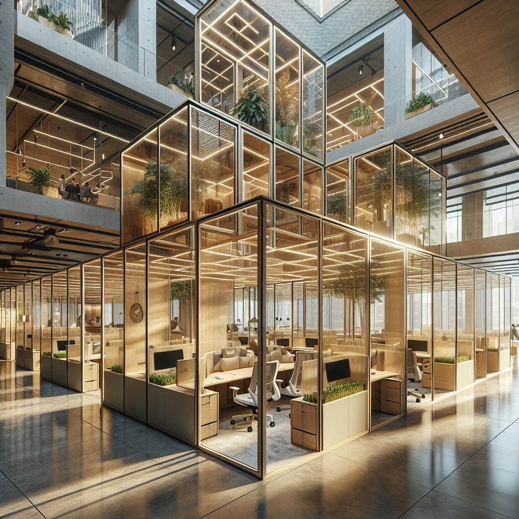 Hyperrealistic contemporary co‑working interior with modular bamboo furniture, pivoting glass partitions, greenery, and biophilic design.