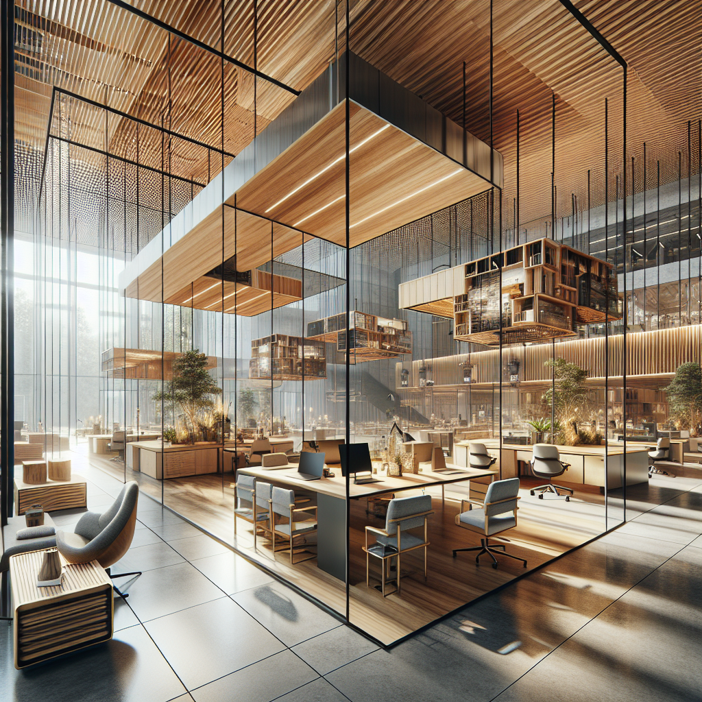 Hyperrealistic contemporary co‑working interior with modular bamboo furniture, pivoting glass partitions, greenery, and biophilic design.