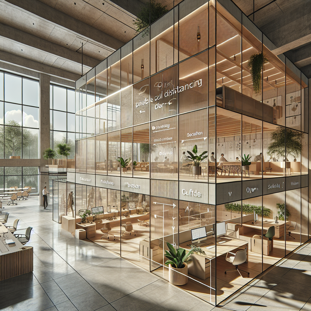 Hyperrealistic contemporary co‑working interior with modular bamboo furniture, pivoting glass partitions, greenery, and biophilic design.