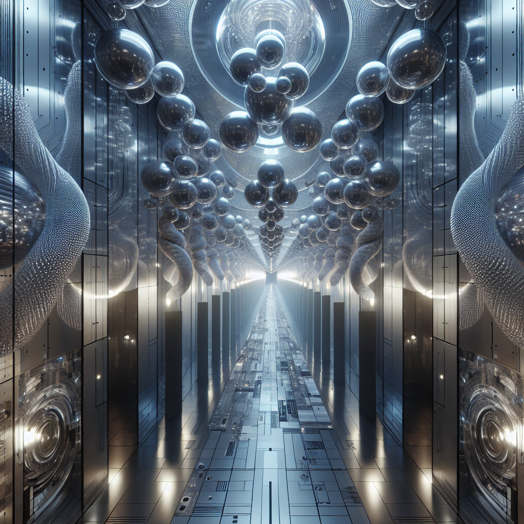 Hyperrealistic futuristic sonic bubble corridor with glowing translucent spheres, fractal metallic walls, and immersive acoustic architectural design.