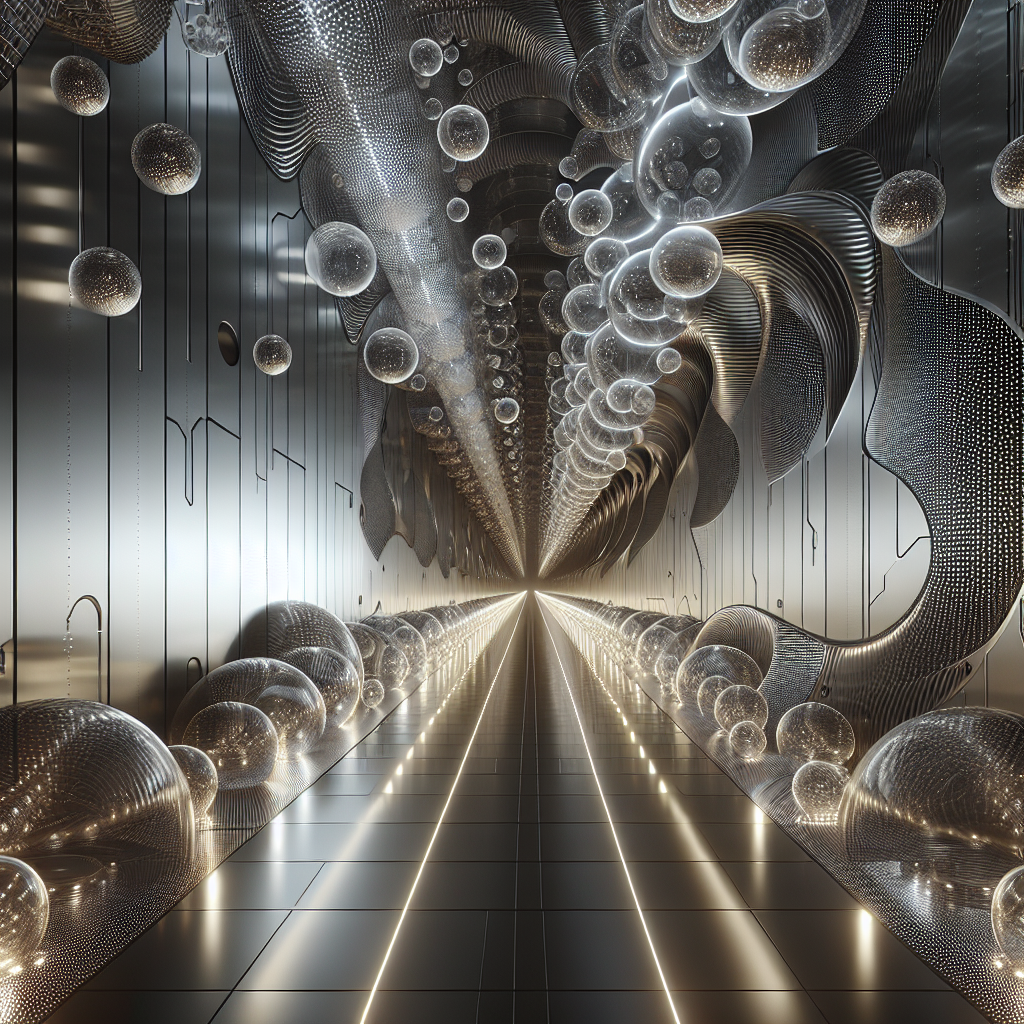 Hyperrealistic futuristic sonic bubble corridor with glowing translucent spheres, fractal metallic walls, and immersive acoustic architectural design.