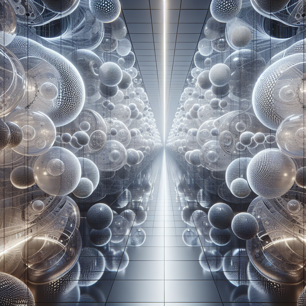 Hyperrealistic futuristic sonic bubble corridor with glowing translucent spheres, fractal metallic walls, and immersive acoustic architectural design.