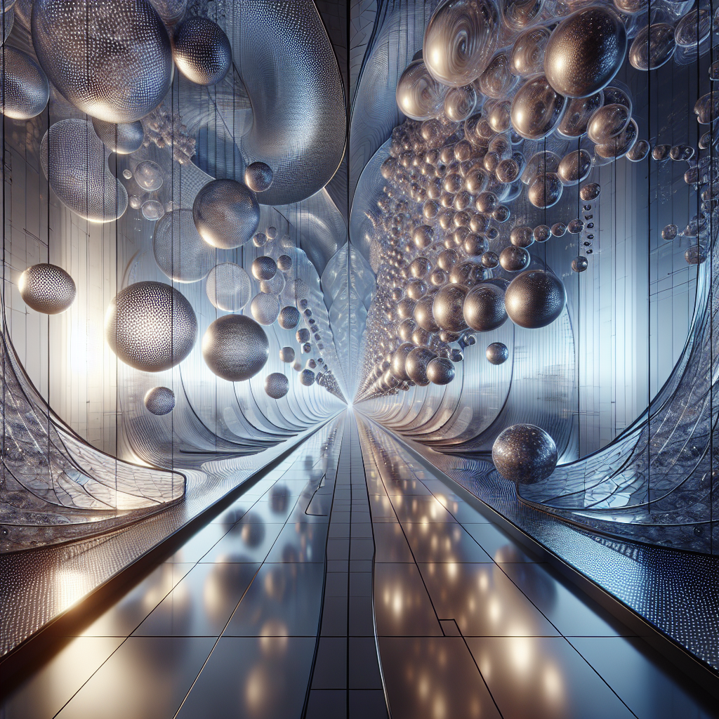 Hyperrealistic futuristic sonic bubble corridor with glowing translucent spheres, fractal metallic walls, and immersive acoustic architectural design.