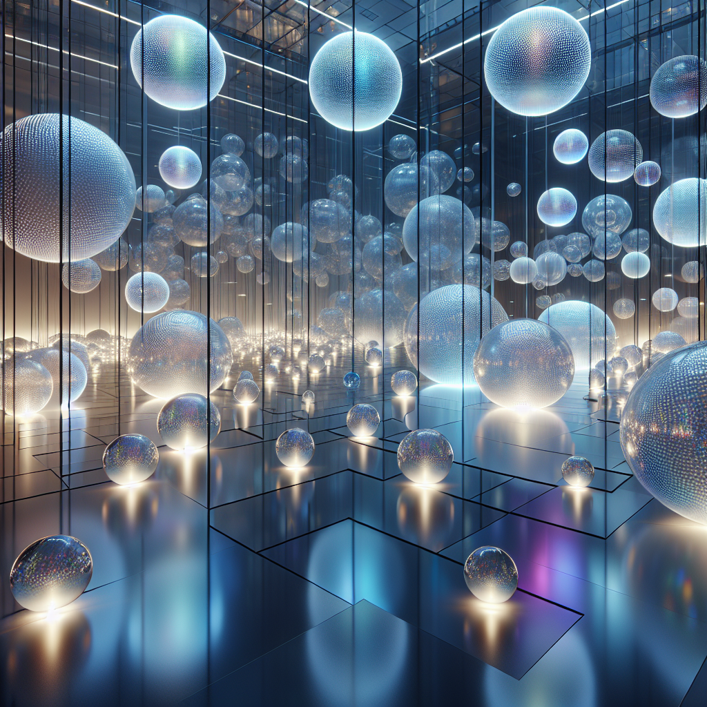 Hyperrealistic interior art installation with levitating translucent spheres, ambient light, and prismatic reflections in a futuristic space.