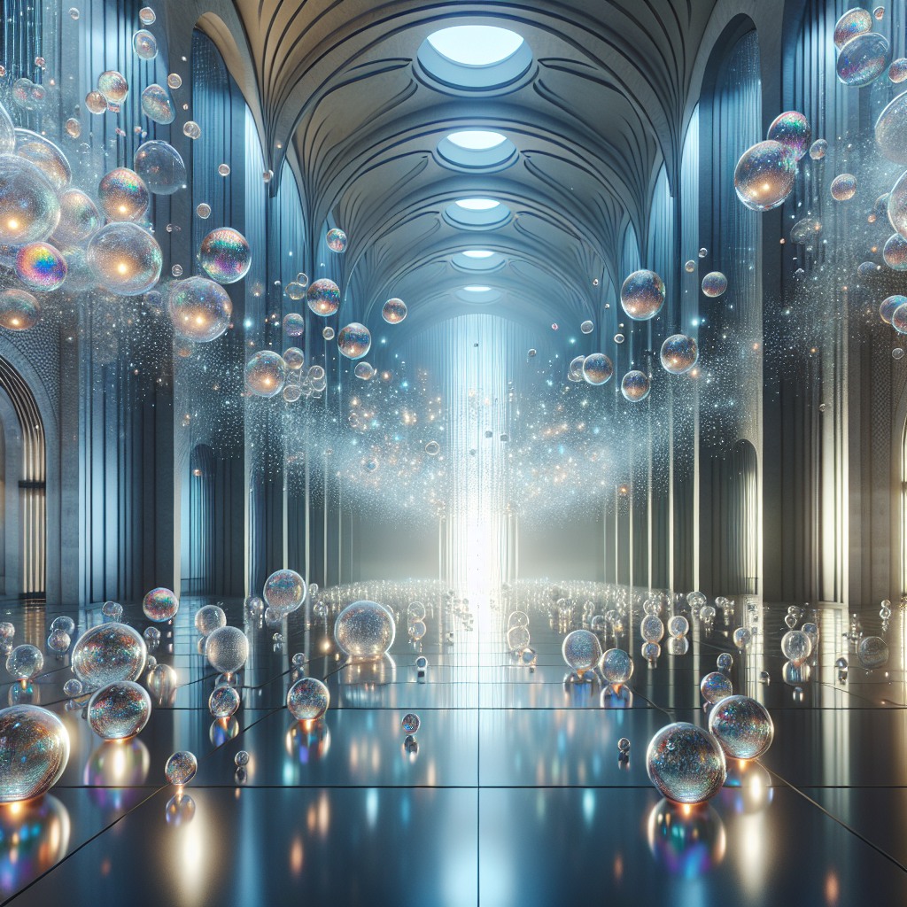 Hyperrealistic interior art installation with levitating translucent spheres, ambient light, and prismatic reflections in a futuristic space.