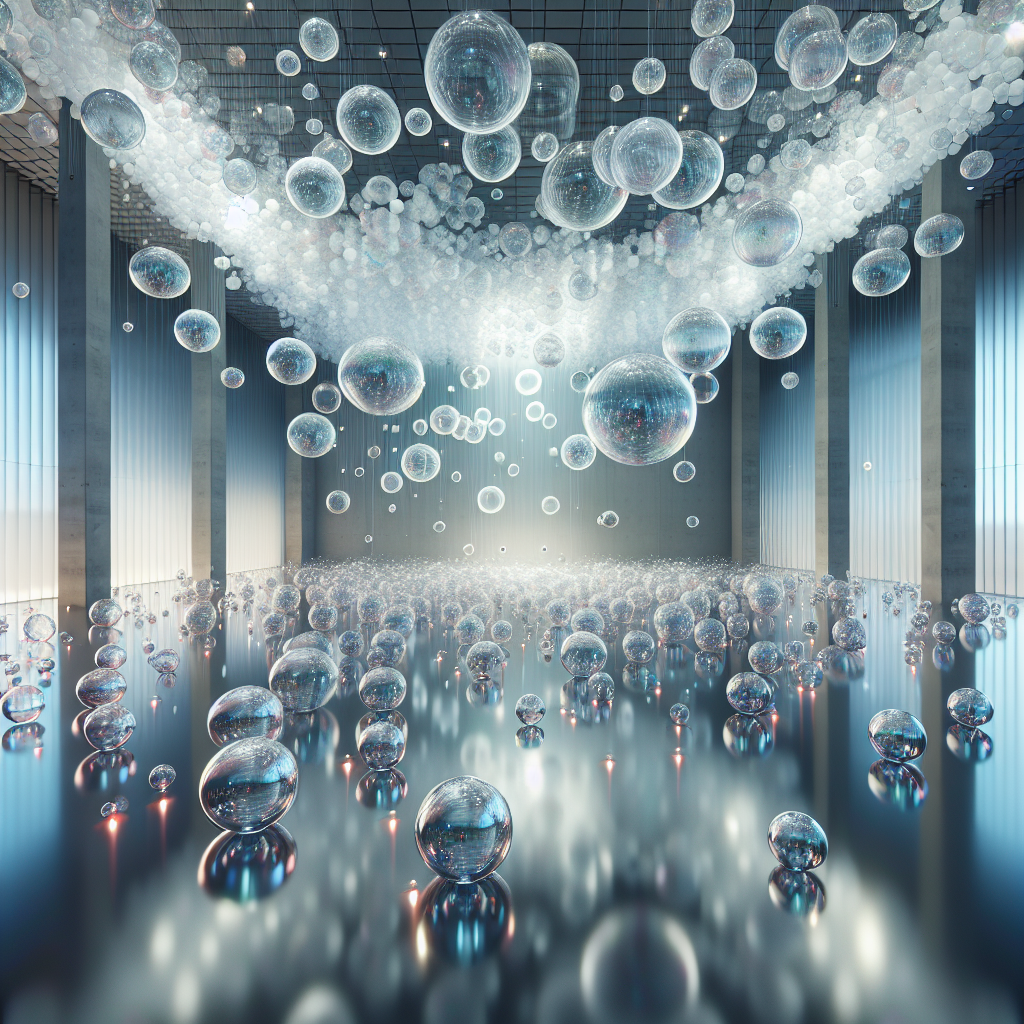 Hyperrealistic interior art installation with levitating translucent spheres, ambient light, and prismatic reflections in a futuristic space.