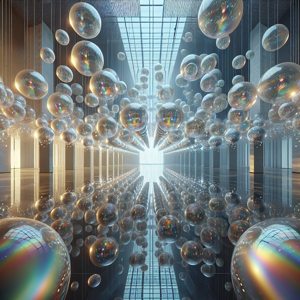 Hyperrealistic interior art installation with levitating translucent spheres, ambient light, and prismatic reflections in a futuristic space.