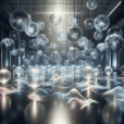Hyperrealistic indoor art installation of glowing translucent spheres suspended in midair, creating a futuristic ambient light gallery scene.