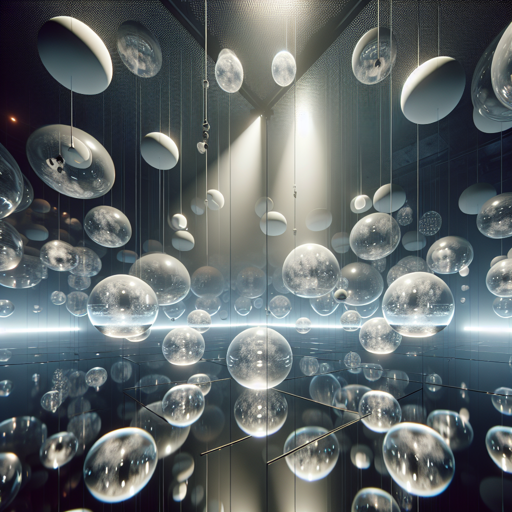 Futuristic interior with hovering translucent spheres, glowing lights, and prismatic reflections creating immersive ambient sonic architecture.
