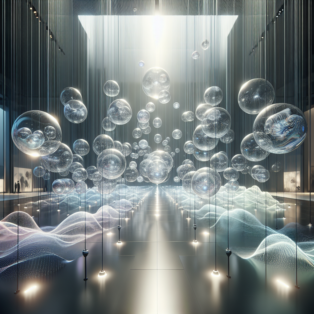 Hyperrealistic indoor art installation of glowing translucent spheres suspended in midair, creating a futuristic ambient light gallery scene.