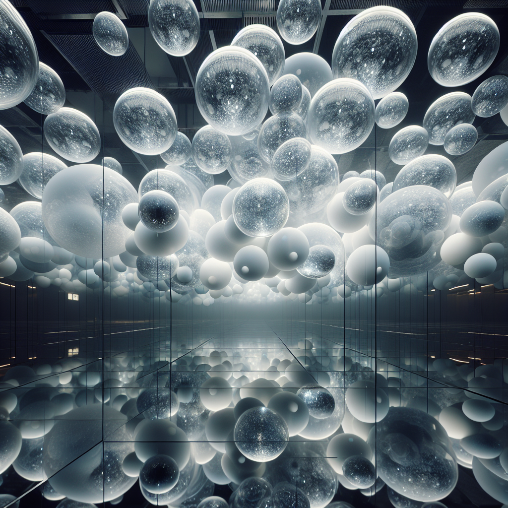 Futuristic interior with hovering translucent spheres, glowing lights, and prismatic reflections creating immersive ambient sonic architecture.