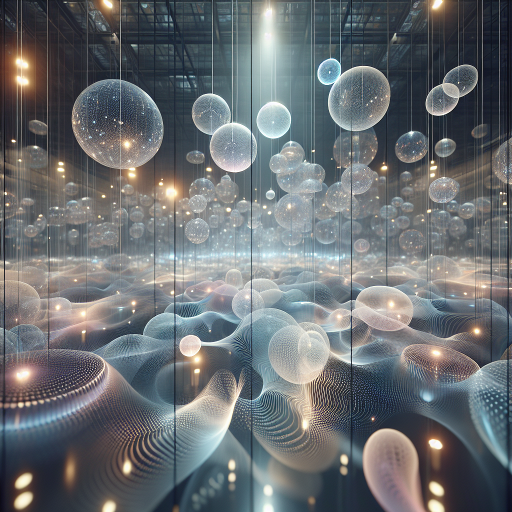 Hyperrealistic indoor art installation of glowing translucent spheres suspended in midair, creating a futuristic ambient light gallery scene.
