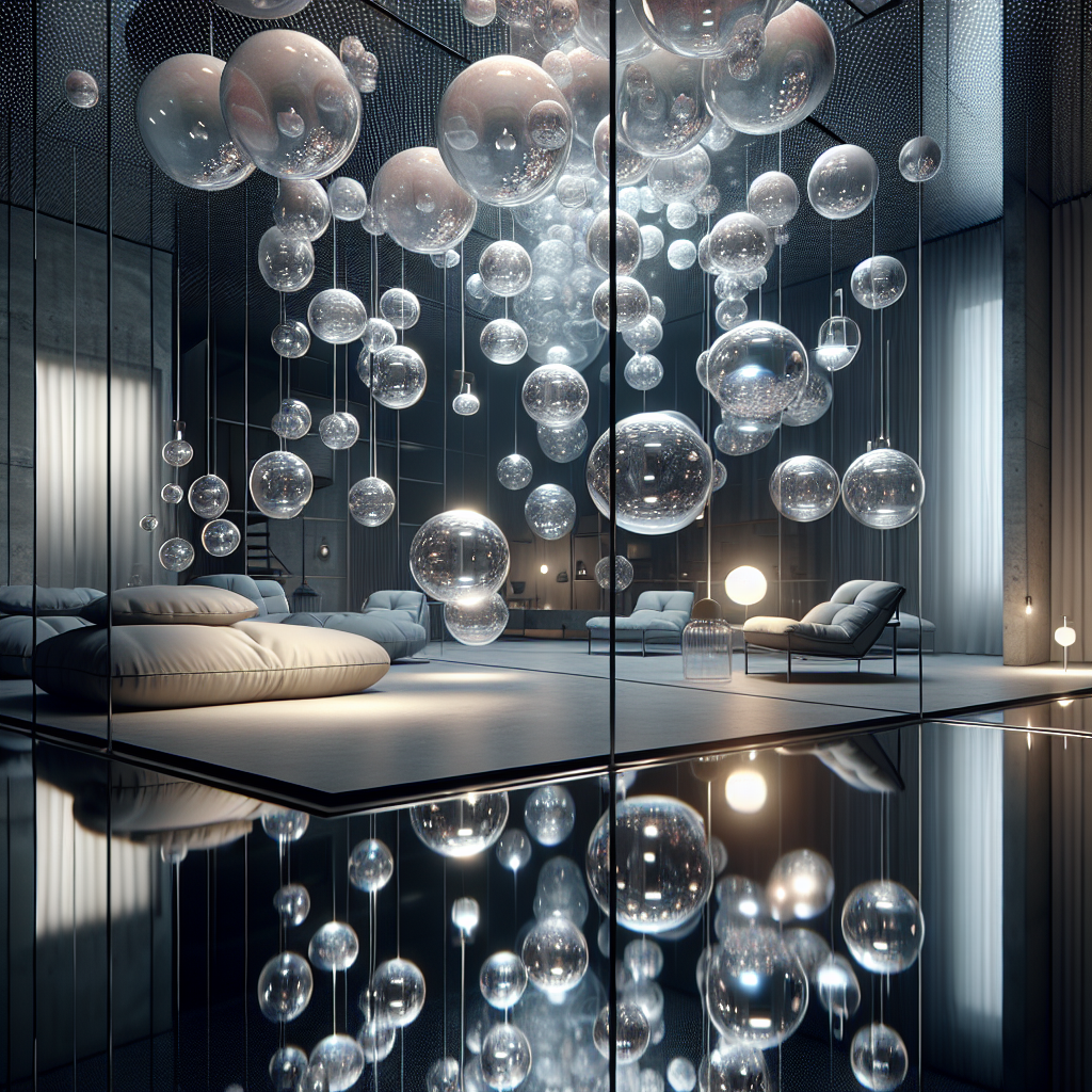 Futuristic interior with hovering translucent spheres, glowing lights, and prismatic reflections creating immersive ambient sonic architecture.