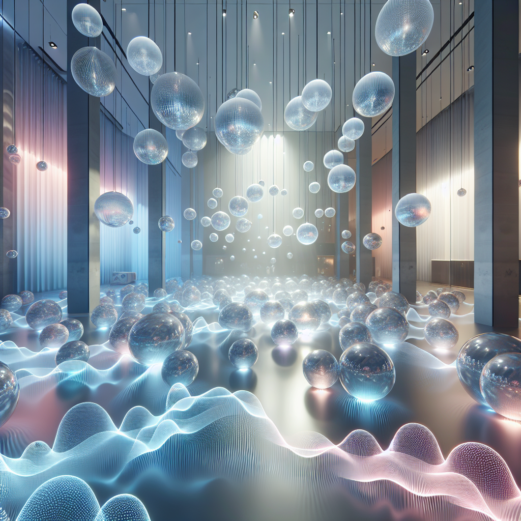 Hyperrealistic indoor art installation of glowing translucent spheres suspended in midair, creating a futuristic ambient light gallery scene.